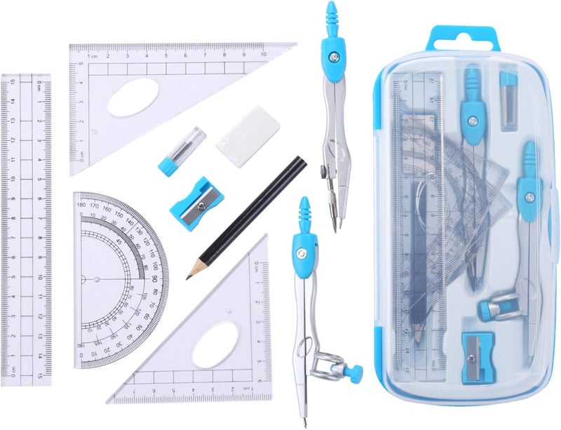 Vobou Math Geometry Kit Sets 10 Piece Student Supplies with Shatterproof Storage Box,Includes Rulers,Protractor,Compass,Eraser,Pencil Sharpener,Lead Refills,Pencil,for Drafting and Drawings（Blue） - Image 2